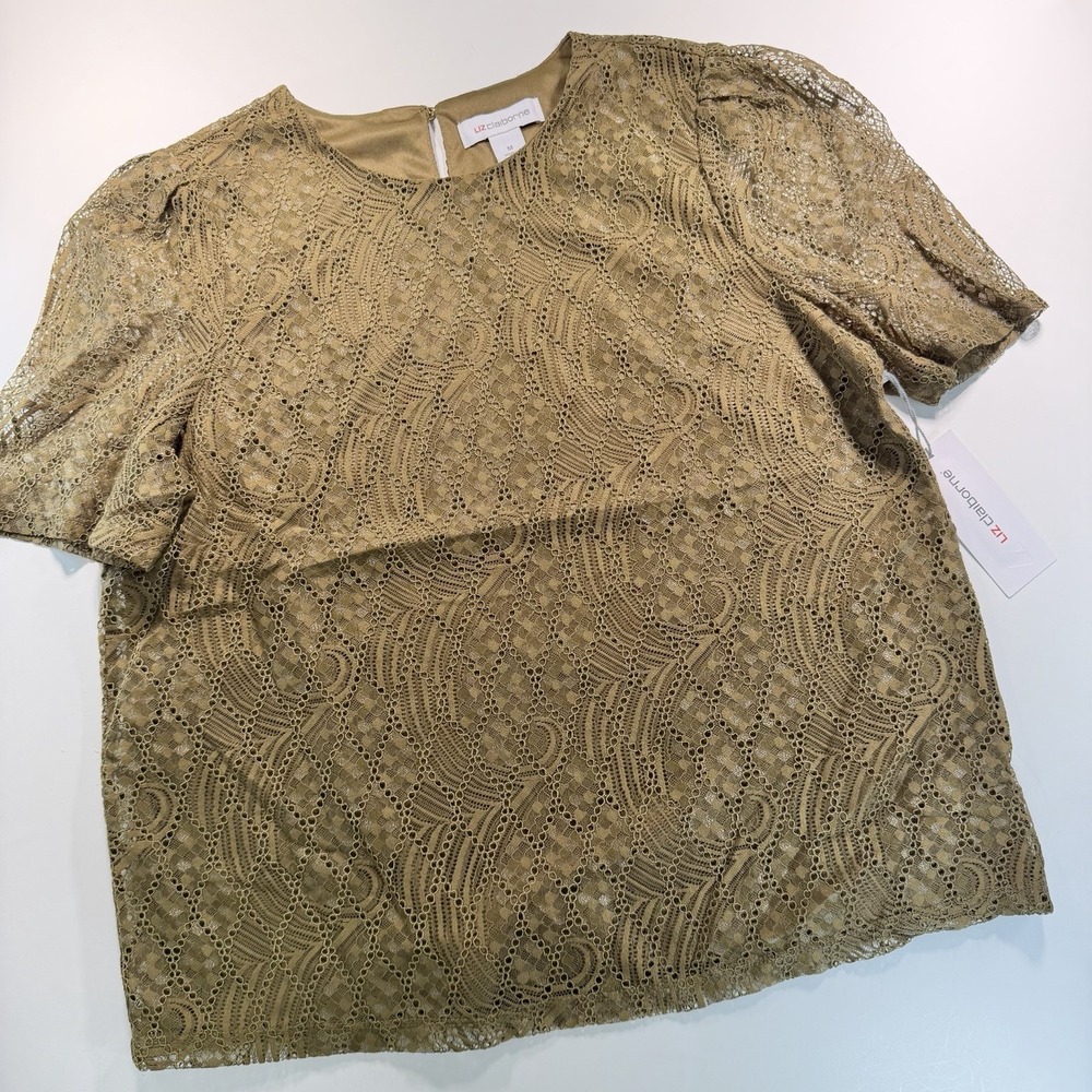 Liz Claiborne NWT Blouse Lace Overlay Brown Short Sleeve Classic